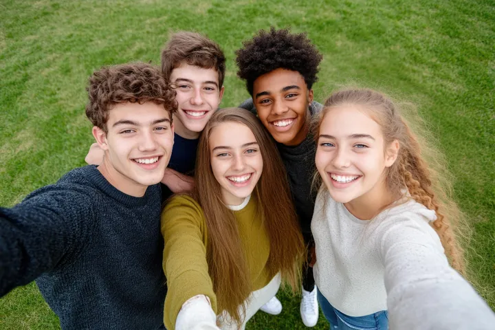 A group of five friends taking a selfie on a lawn
